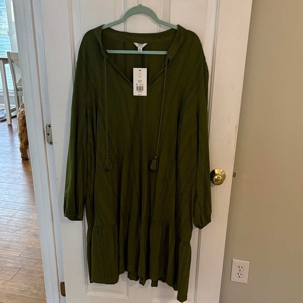 crown & ivy Olive Green Long Sleeve Tassel Tunic Dress